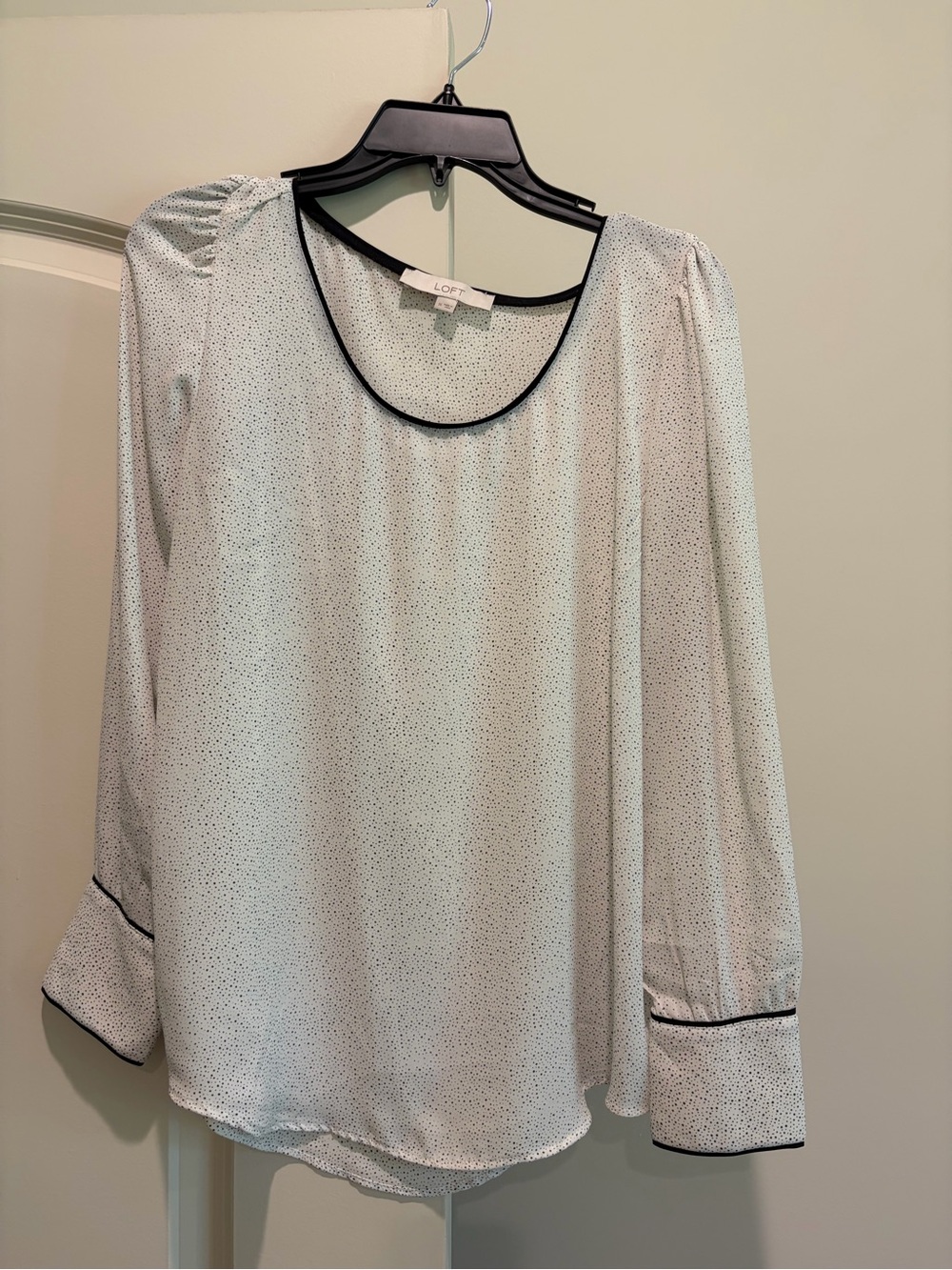 LOFT White Microdot Long-Sleeve Blouse with Black Trim